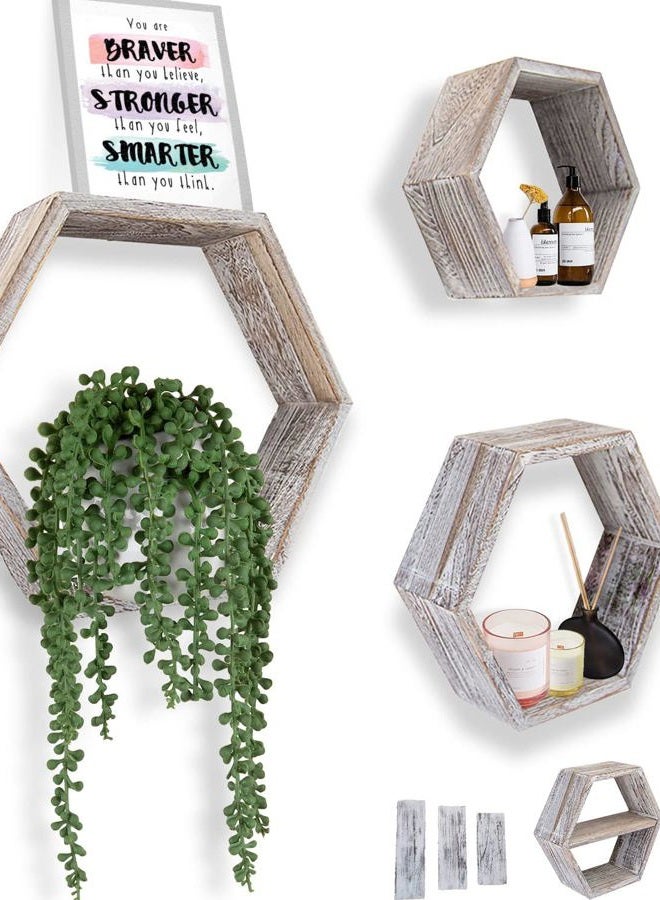 Comfify Rustic White Wall Mounted Hexagonal Floating Shelves – Set of 3 – Large, Medium and Small – Screws and Anchors Included - Farmhouse Shelves for Bedroom, Living Room and more – Honeycomb Wall Décor - Image 1