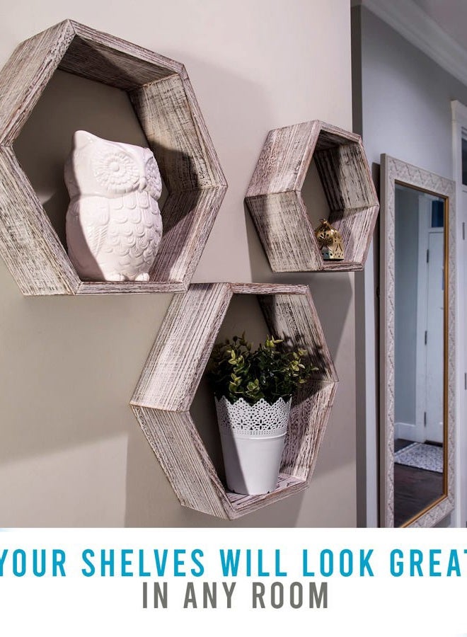 Comfify Rustic White Wall Mounted Hexagonal Floating Shelves – Set of 3 – Large, Medium and Small – Screws and Anchors Included - Farmhouse Shelves for Bedroom, Living Room and more – Honeycomb Wall Décor - Image 3