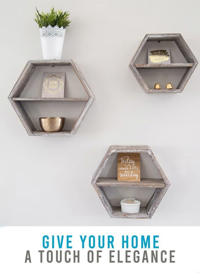 Comfify Rustic White Wall Mounted Hexagonal Floating Shelves – Set of 3 – Large, Medium and Small – Screws and Anchors Included - Farmhouse Shelves for Bedroom, Living Room and more – Honeycomb Wall Décor - Image 2