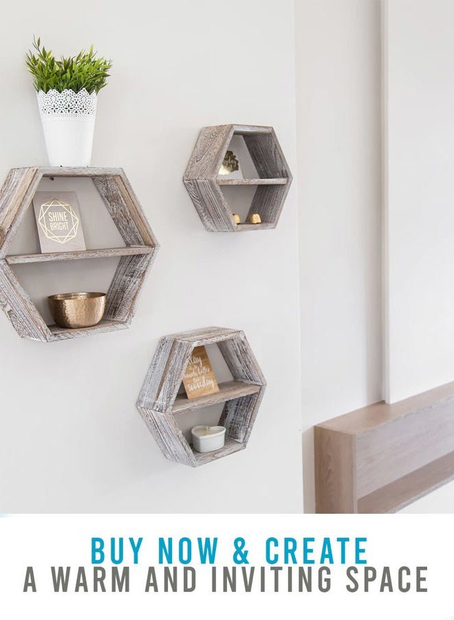 Comfify Rustic White Wall Mounted Hexagonal Floating Shelves – Set of 3 – Large, Medium and Small – Screws and Anchors Included - Farmhouse Shelves for Bedroom, Living Room and more – Honeycomb Wall Décor - Image 4
