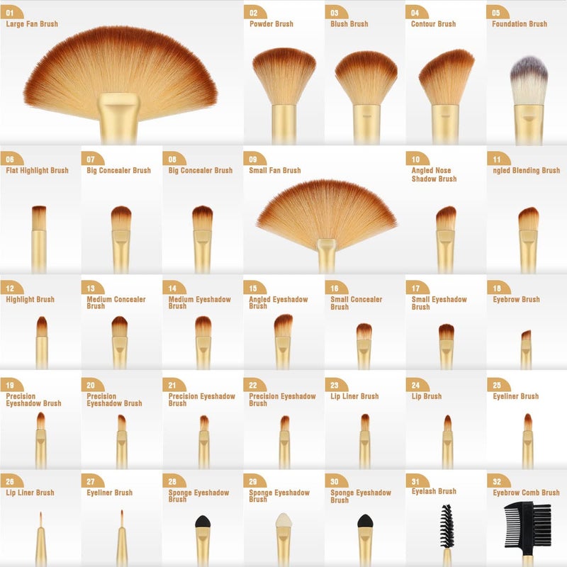 VANDER Makeup Brushes, 32Pcs Professional Premium Synthetic Makeup Brush Set with Case, Eyeshadow Foundation Blending Face Contour Cosmetic Brush Travel Make up Brushes Set for Women, Girl (Champagne) - Image 5