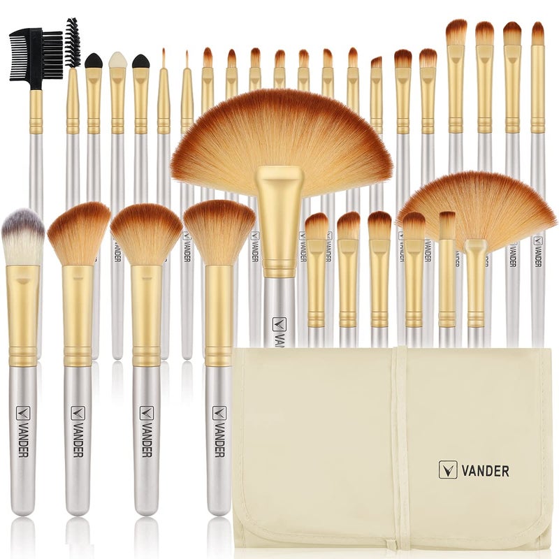 VANDER Makeup Brushes, 32Pcs Professional Premium Synthetic Makeup Brush Set with Case, Eyeshadow Foundation Blending Face Contour Cosmetic Brush Travel Make up Brushes Set for Women, Girl (Champagne) - Image 1