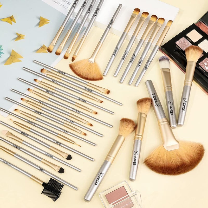 VANDER Makeup Brushes, 32Pcs Professional Premium Synthetic Makeup Brush Set with Case, Eyeshadow Foundation Blending Face Contour Cosmetic Brush Travel Make up Brushes Set for Women, Girl (Champagne) - Image 2