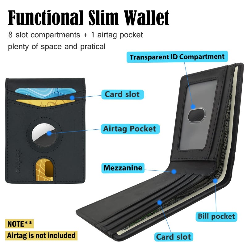 doeboe Airtag Wallet Men, Wallet for Men with Airtag Holder, Genuine Leather Credit Card Wallet, Bifold Slim Wallet for Air Tag GPS Tracker, RFID Minimalist Front Pocket Wallet [No Airtags] - Image 2