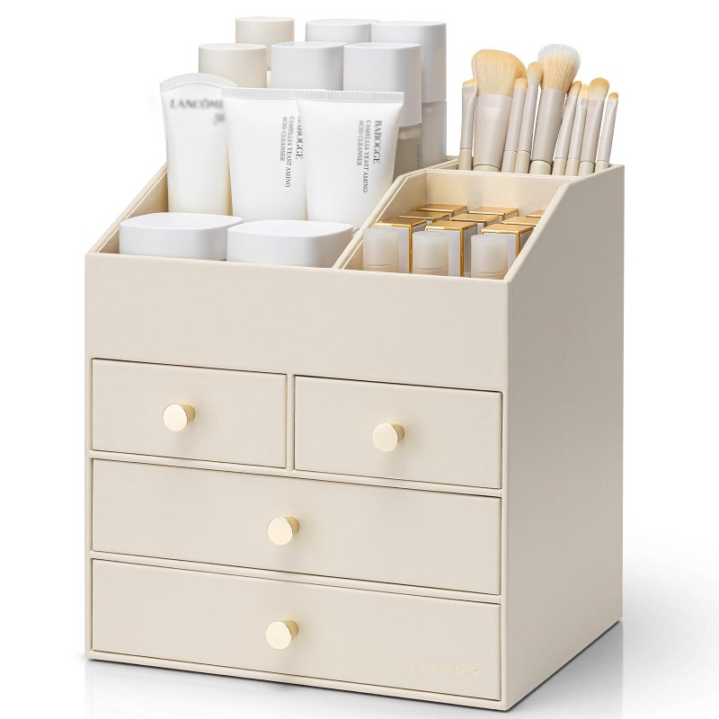 VLANDO Makeup Organizer for Vanity PU Leather Cosmetic Organizer with 4 Drawers Large Bathroom Countertop Skin Care Storage for Perfume Lipstick Brushes Dresser Organizer for WomenBeige - Image 2