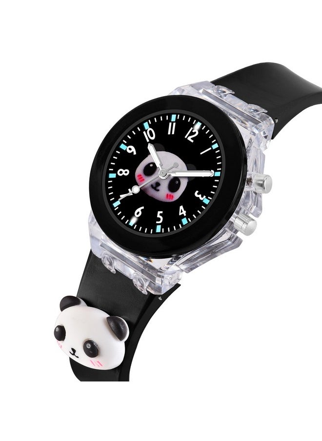 Shocknshop Shocknshop Nylon 3D Cartoon Analouge with 7 Color Glowing Disco Light Unisex Analogue Watch for Kids Girls and Boys (Black Dial Panda), Black Band  - Image 2