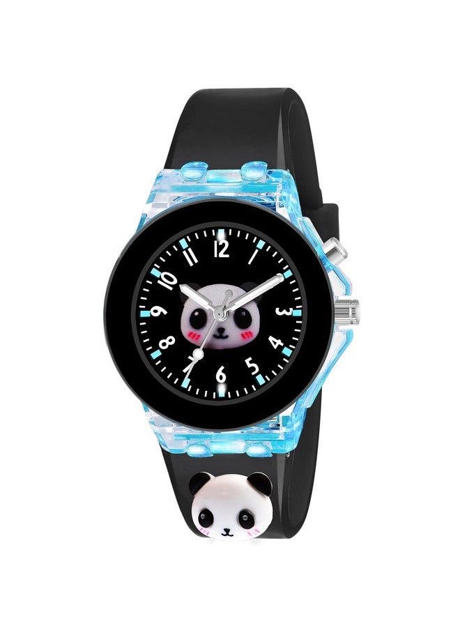 Shocknshop Shocknshop Nylon 3D Cartoon Analouge with 7 Color Glowing Disco Light Unisex Analogue Watch for Kids Girls and Boys (Black Dial Panda), Black Band  - Image 1