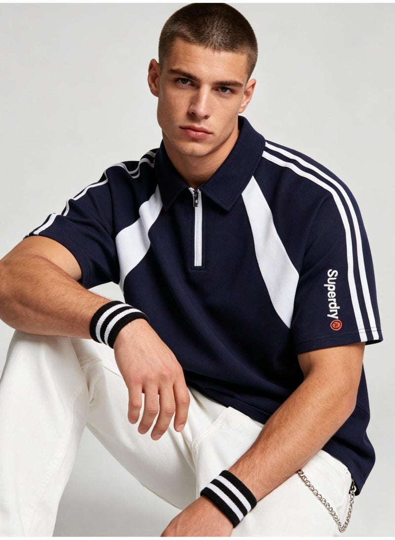 Superdry American contrast half zipper Polo shirt for men and women couples loose sports casual short sleeve shirt. - Image 1