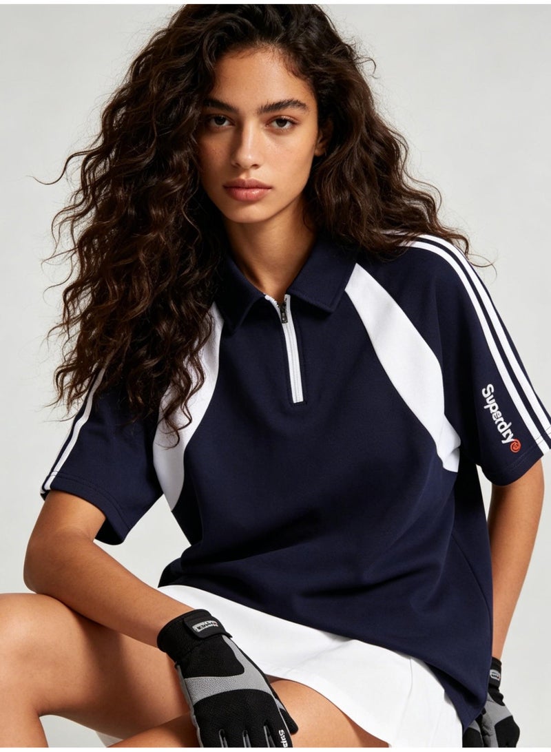 Superdry American contrast half zipper Polo shirt for men and women couples loose sports casual short sleeve shirt. - Image 2
