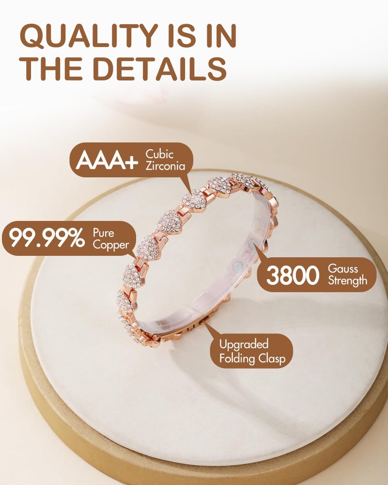 Feraco Copper Bracelets for Women, Ultra Strength Magnetic Bracelet with 3800 Gauss Neodymium Magnets & Dazzling Cubic Zirconia, Pure Copper Jewelry Gift, Heart Shape (Rose Gold) - Image 2