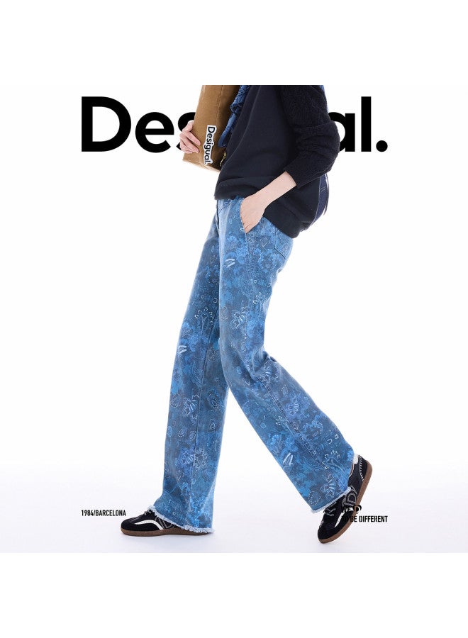 DESIGUAL 25 مجموعة جديدة لخريف-شتاء طباعة الدانتيل تويل متعددة الأزرار مزينة سراويل نسائية كاجوال - Image 2