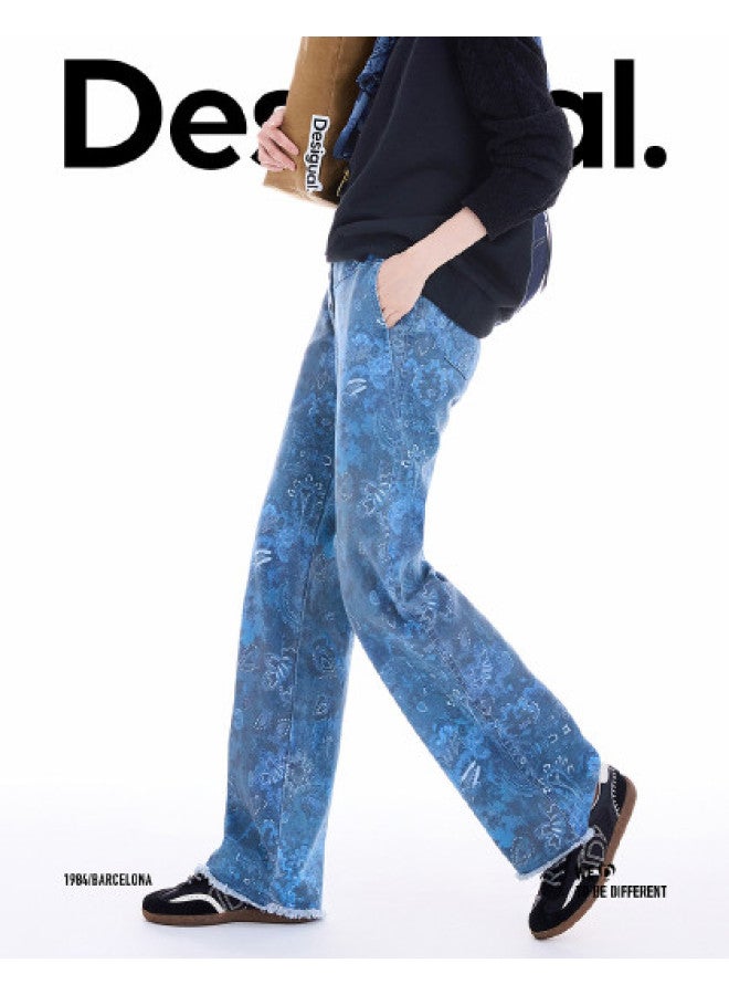 DESIGUAL 25 مجموعة جديدة لخريف-شتاء طباعة الدانتيل تويل متعددة الأزرار مزينة سراويل نسائية كاجوال - Image 1