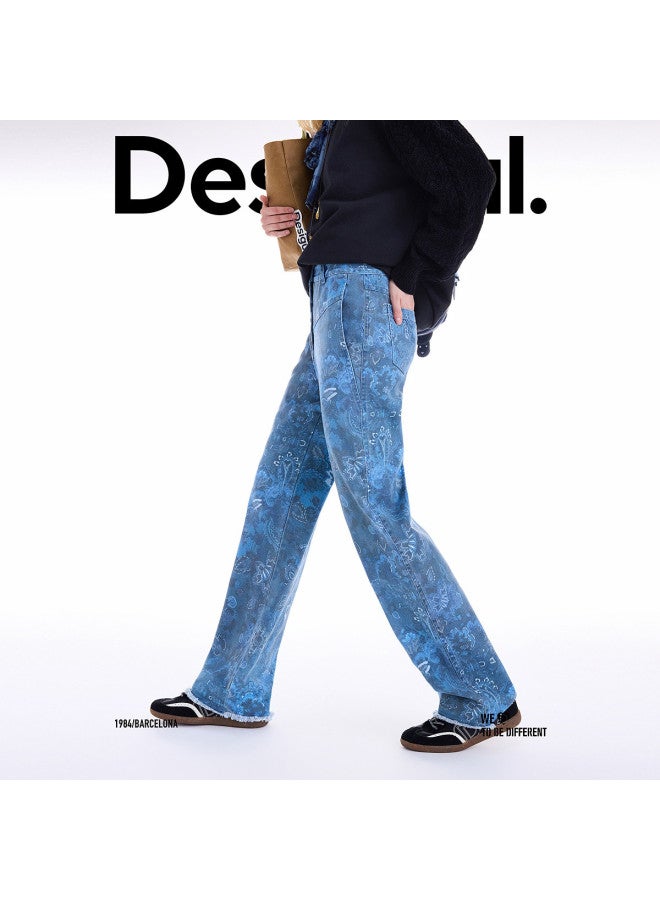 DESIGUAL 25 مجموعة جديدة لخريف-شتاء طباعة الدانتيل تويل متعددة الأزرار مزينة سراويل نسائية كاجوال - Image 5