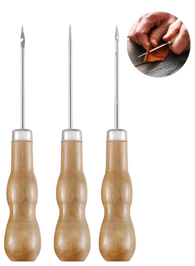 3 Piece Wooden Handled Awl Tailor's Awl Wooden Handled Scratching Awl, Gourd Shaped Awl for Leather Craft Sewing Shoe Repair and Crochet Perforated Leather DIY Hand Sewing Tool - Image 1