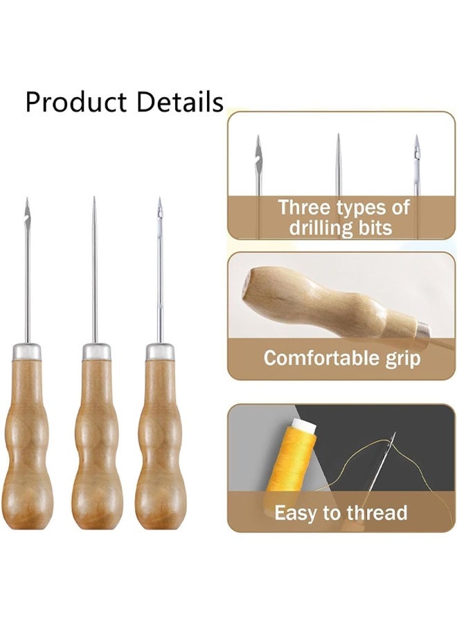 3 Piece Wooden Handled Awl Tailor's Awl Wooden Handled Scratching Awl, Gourd Shaped Awl for Leather Craft Sewing Shoe Repair and Crochet Perforated Leather DIY Hand Sewing Tool - Image 3