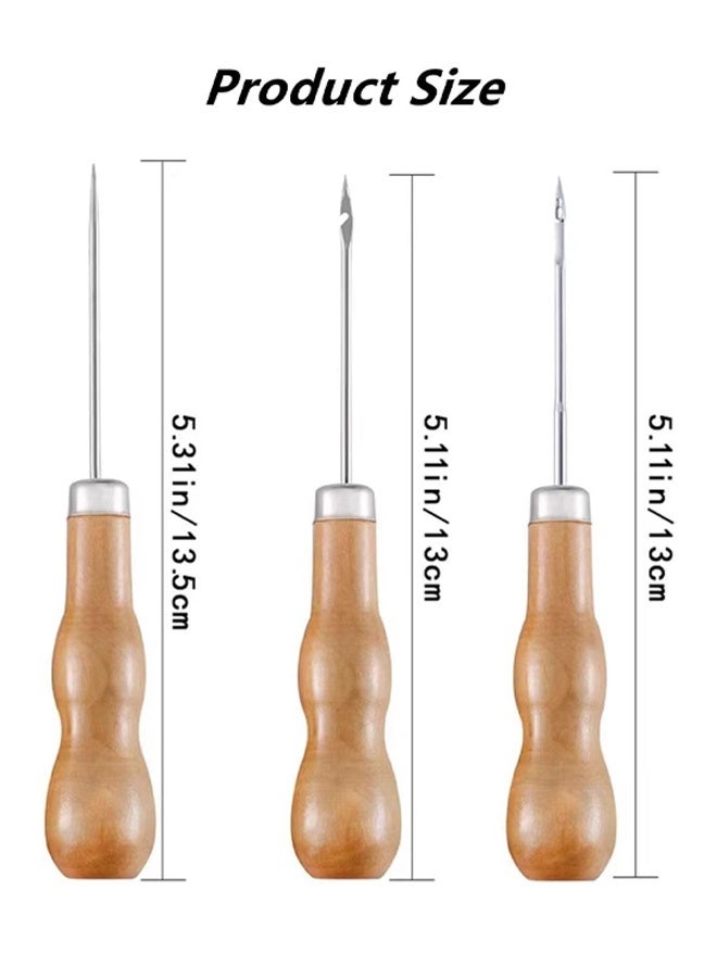 3 Piece Wooden Handled Awl Tailor's Awl Wooden Handled Scratching Awl, Gourd Shaped Awl for Leather Craft Sewing Shoe Repair and Crochet Perforated Leather DIY Hand Sewing Tool - Image 2