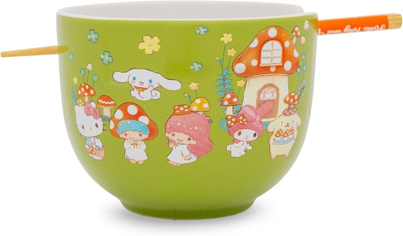 Silver Buffalo Sanrio Hello Kitty and Friends Mushroom Crew Ceramic Dinnerware Set  Includes 20Ounce Ramen Noodle Bowl and Wooden Chopsticks  Asian Food Dish Set For Home  Kitchen - Image 1