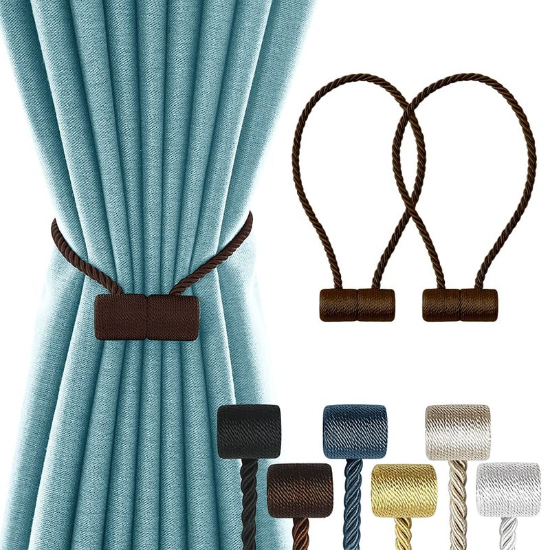 XDerlin 2Pack Magnetic Curtain Holdbacks Modern Upgrade Strong 16Inch Rope Ties New Twisted Handmade Rope Holdback Style Decorative Drapery Tie Backs For Home Office Window Draperies (Dark Coffee) - Image 1