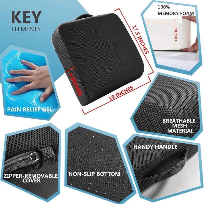 YOUFI Extra Thick Large Seat Cushion with Extra Cover, Gel Memory Foam Cushion with Carry Handle Non Slip Bottom, Pain Relief Coccyx Cushion for Office Chair, 19''x17.5''x4'' (Black Cover) - Image 3