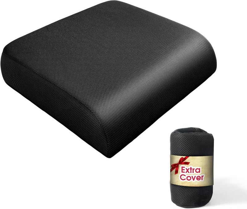 YOUFI Extra Thick Large Seat Cushion with Extra Cover, Gel Memory Foam Cushion with Carry Handle Non Slip Bottom, Pain Relief Coccyx Cushion for Office Chair, 19''x17.5''x4'' (Black Cover) - Image 1