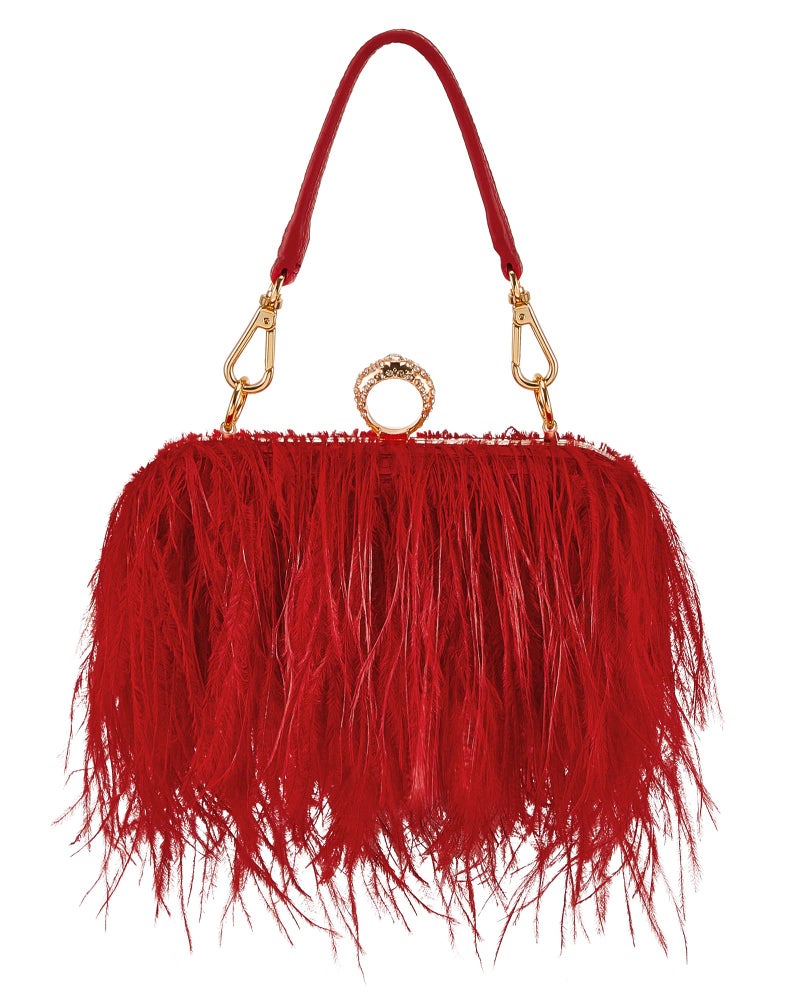 Tessco Women Ostrich Feather Tote Bag Fluffy Purse Clutch Feather Evening Handbag for Wedding(Red) - Image 1
