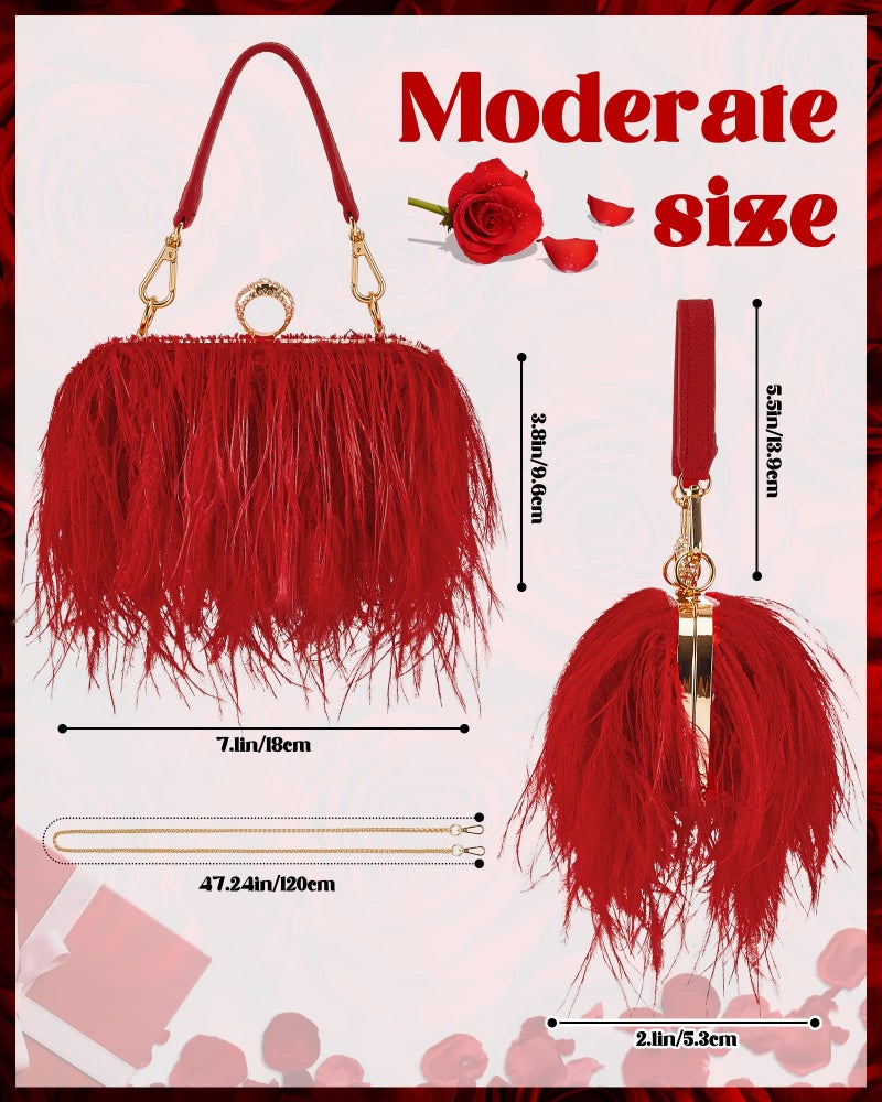Tessco Women Ostrich Feather Tote Bag Fluffy Purse Clutch Feather Evening Handbag for Wedding(Red) - Image 2