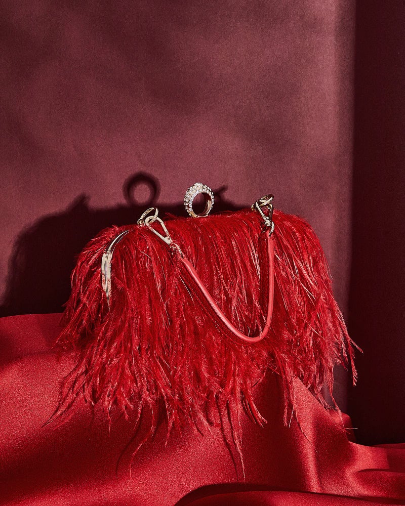 Tessco Women Ostrich Feather Tote Bag Fluffy Purse Clutch Feather Evening Handbag for Wedding(Red) - Image 3