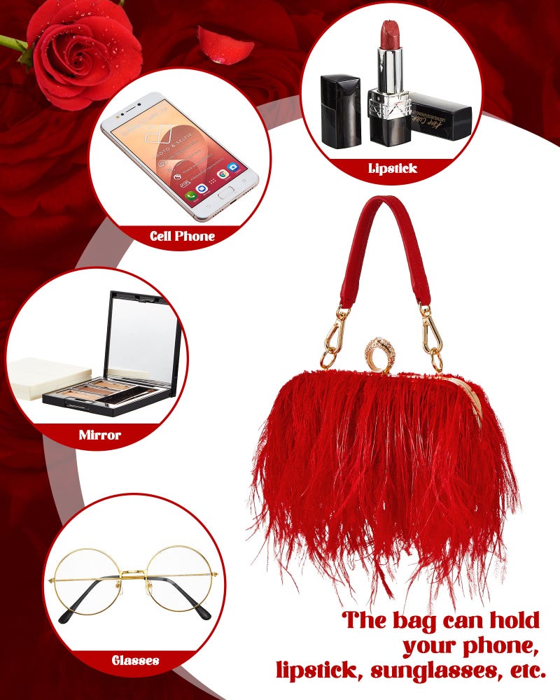 Tessco Women Ostrich Feather Tote Bag Fluffy Purse Clutch Feather Evening Handbag for Wedding(Red) - Image 4