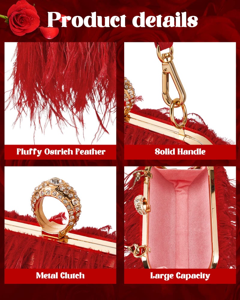 Tessco Women Ostrich Feather Tote Bag Fluffy Purse Clutch Feather Evening Handbag for Wedding(Red) - Image 5