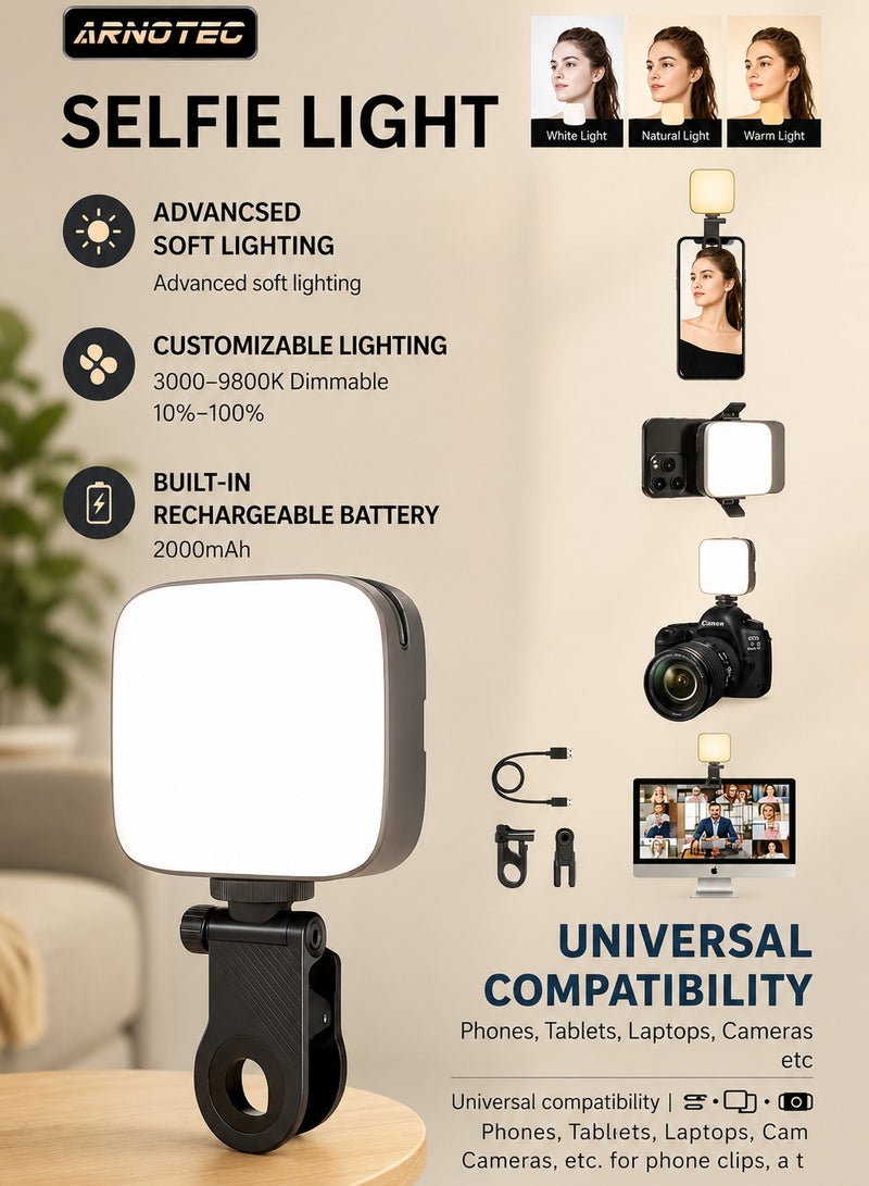 ARNOTEC Selfie Light, Phone Light with Front & Back Clip, 3000-9900K Dimmable LED Portable Light, 2000mAh Rechargeable Video Light for Phone, Camera, Laptop, TikTok, Makeup, Live Stream, Vlog - Image 1