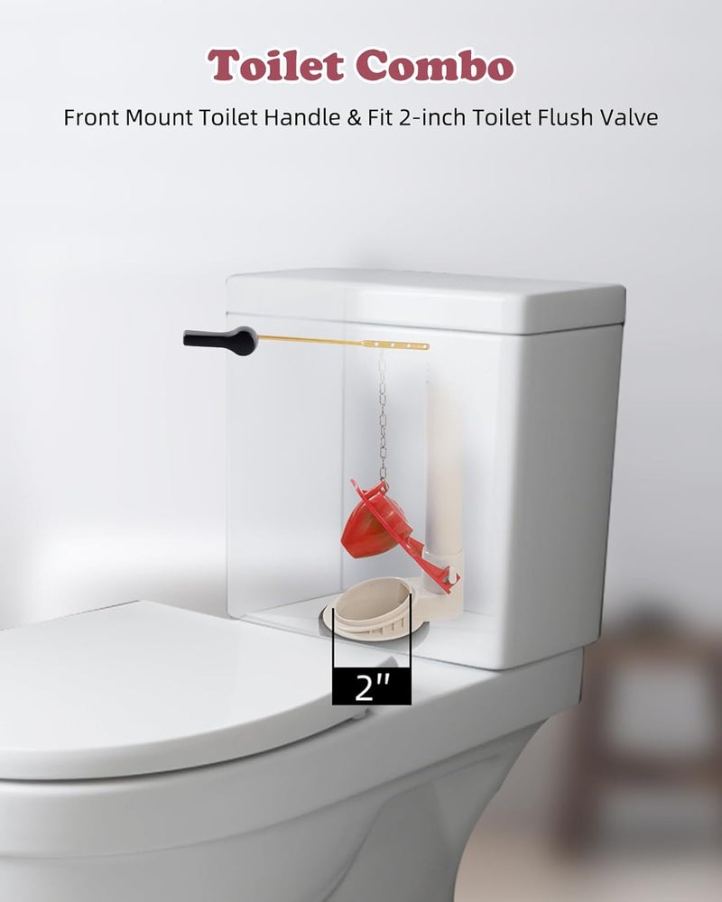 Hibbent Universal Front Mount Toilet Handle Replacement Kit with 2-inch Universal Toilet Flapper, Stainless Steel Flapper Chains, Matte Black Toilet Trip Lever and Red Toilet Flapper Replacement Kit - Image 2