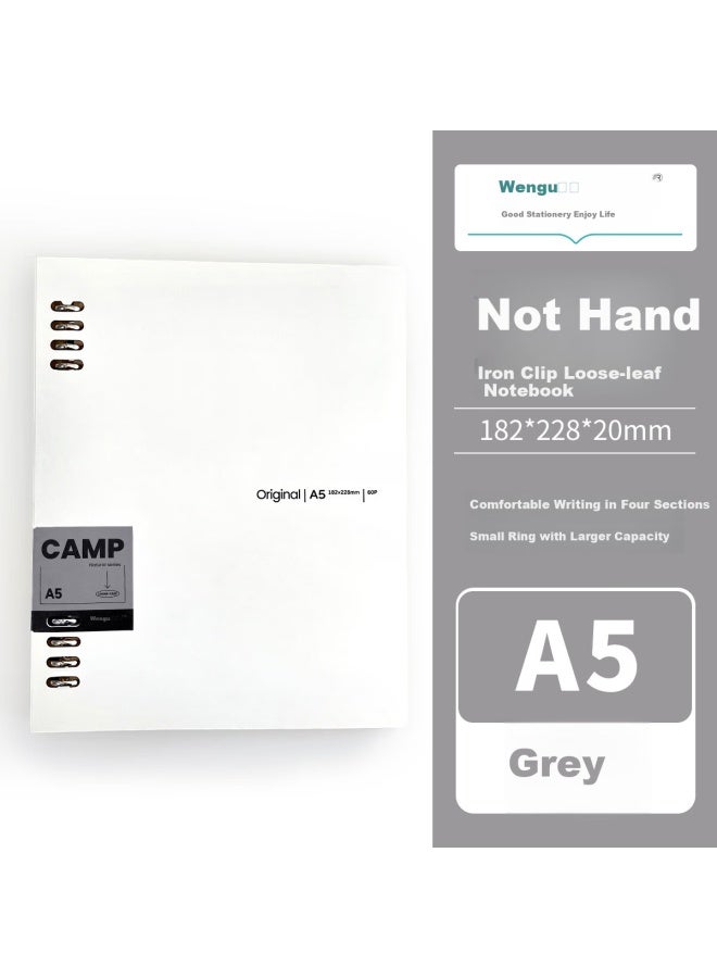 Wengu A5/60 Sheets Non-Scratch Removable Metal Clip Loose-Leaf Notebook 8-Hole High-Capacity Office Notebook Horizontal Line Journal Book Bi075 (A5) Gray - Image 1
