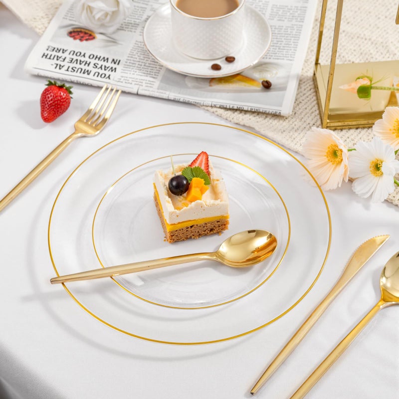 bUCLA 200PCS Clear and Gold Plastic Plates - Clear Disposable Plates with Gold Rim, Includes 100 PCS 10 inch Dinner Plates and 100 PCS 7 inch Dessert Plates for Party&Wedding - Image 5
