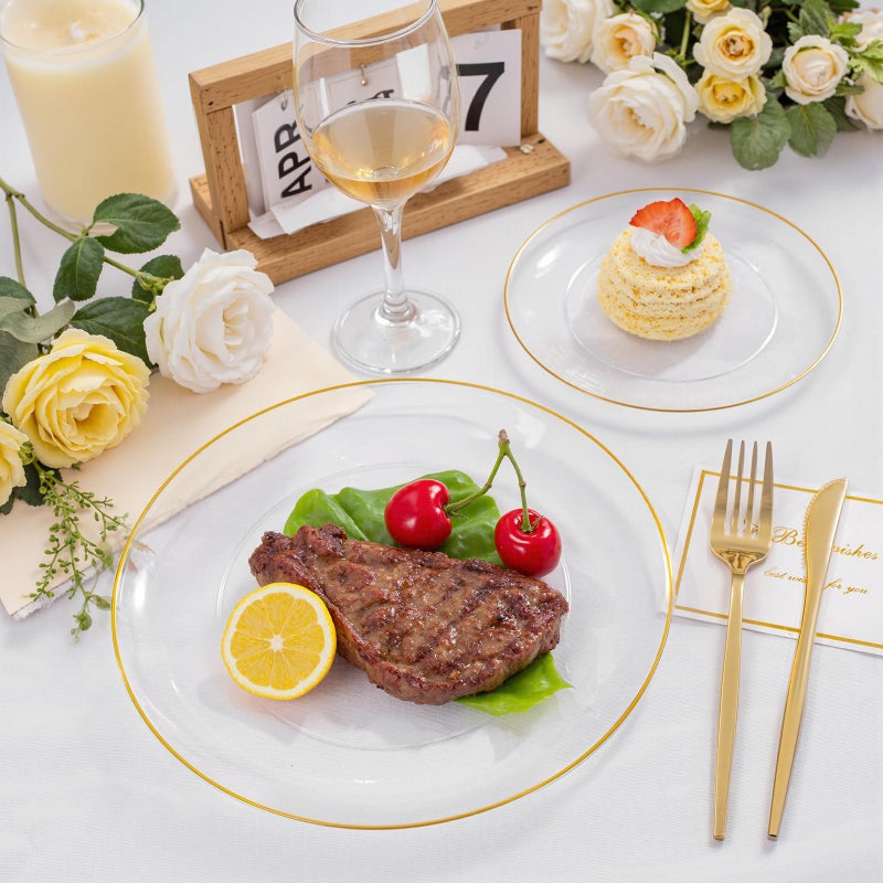 bUCLA 200PCS Clear and Gold Plastic Plates - Clear Disposable Plates with Gold Rim, Includes 100 PCS 10 inch Dinner Plates and 100 PCS 7 inch Dessert Plates for Party&Wedding - Image 4