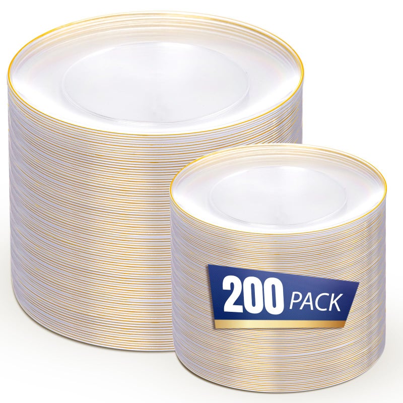 bUCLA 200PCS Clear and Gold Plastic Plates - Clear Disposable Plates with Gold Rim, Includes 100 PCS 10 inch Dinner Plates and 100 PCS 7 inch Dessert Plates for Party&Wedding - Image 1