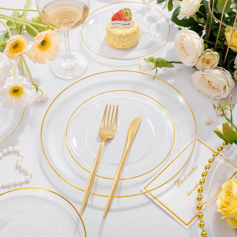 bUCLA 200PCS Clear and Gold Plastic Plates - Clear Disposable Plates with Gold Rim, Includes 100 PCS 10 inch Dinner Plates and 100 PCS 7 inch Dessert Plates for Party&Wedding - Image 3