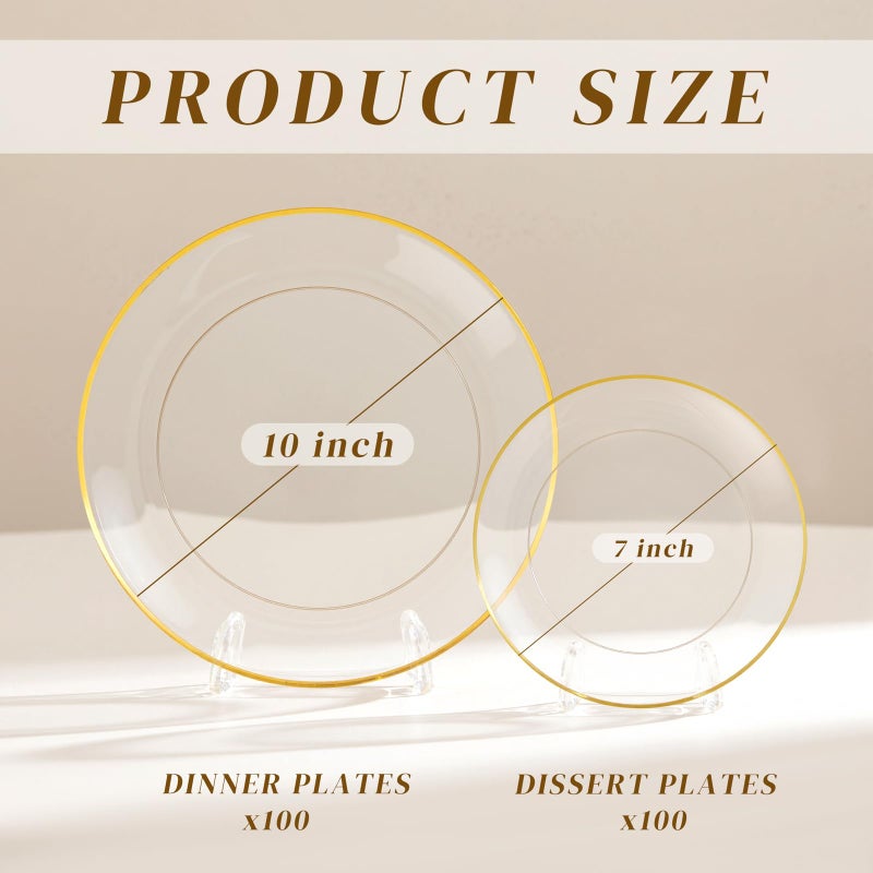 bUCLA 200PCS Clear and Gold Plastic Plates - Clear Disposable Plates with Gold Rim, Includes 100 PCS 10 inch Dinner Plates and 100 PCS 7 inch Dessert Plates for Party&Wedding - Image 2