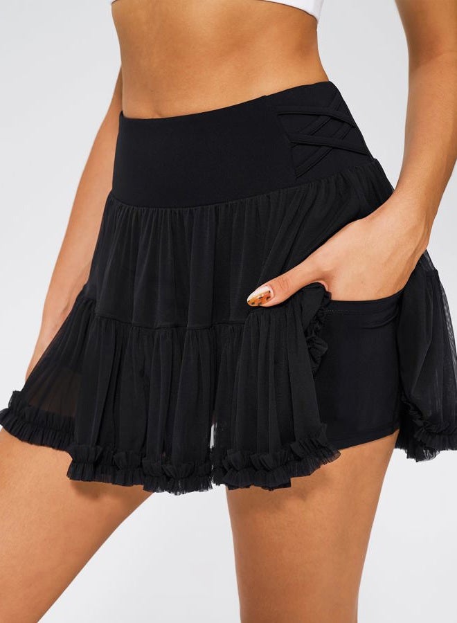 Stelle Women's High Waist Athletic Skorts with Shorts Pockets Ruffle Flowy Mini Cake Skirt Layered Pleated Cute Casual Summer, Black, XS - Image 2