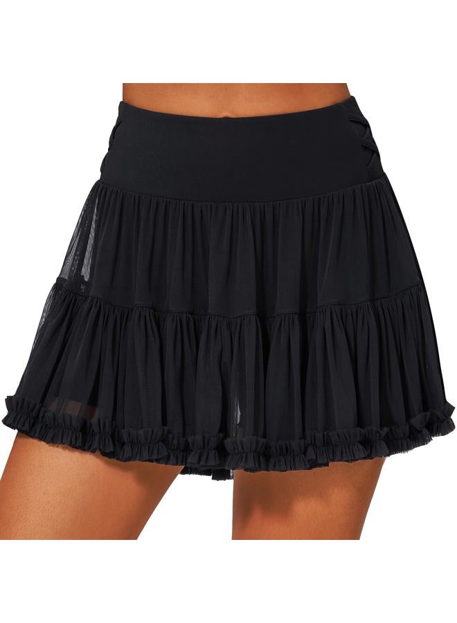 Stelle Women's High Waist Athletic Skorts with Shorts Pockets Ruffle Flowy Mini Cake Skirt Layered Pleated Cute Casual Summer, Black, XS - Image 1