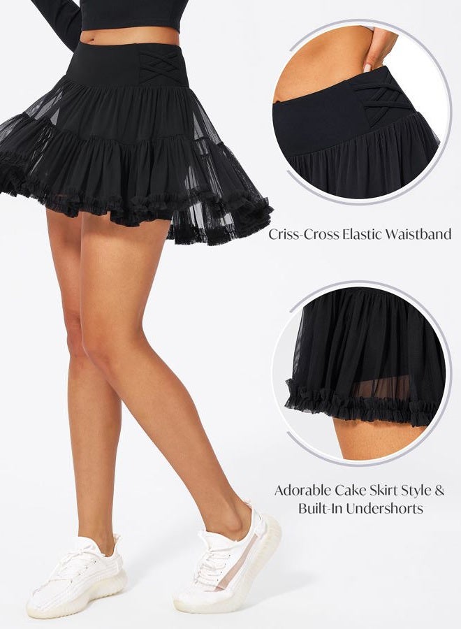 Stelle Women's High Waist Athletic Skorts with Shorts Pockets Ruffle Flowy Mini Cake Skirt Layered Pleated Cute Casual Summer, Black, XS - Image 5
