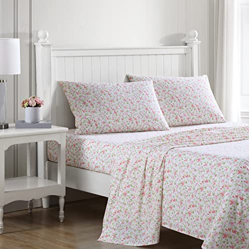 Laura Ashley - Twin XL Sheets, Cotton Percale Bedding Set, Lightweight & Breathable Home Decor (Norella Pink, Twin XL) - Image 1
