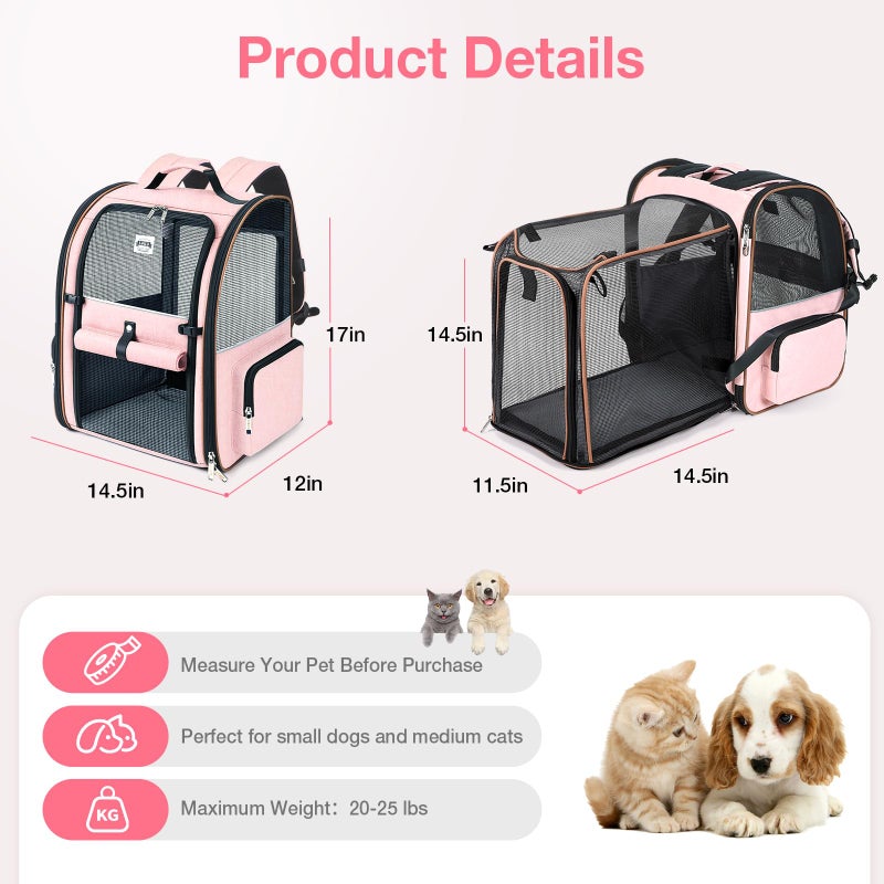 Lekebobor Large Cat Backpack Carrier Expandable Foldable Pet Carrier Backpack for Small Dogs Puppy Medium Cats Fit Up to 18 Lbs for Travel, Hiking,Pink - Image 2
