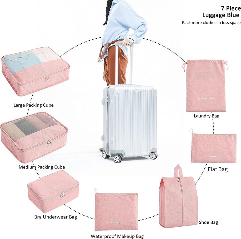BEHAHAI 7 Pcs Travel Oraganizer Packing cubes kit Sapace Saver Multi use Bag for Men and Women Clothes packing cubes for travel Cupboard Oraganizer cubesOXFORD FABRIC pink - Image 3