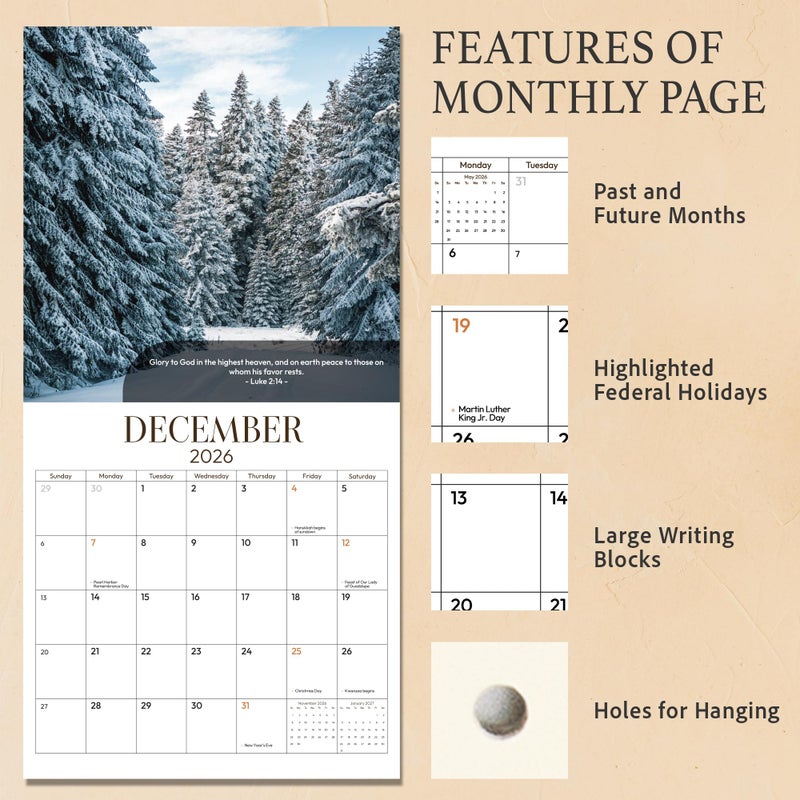 BOYESE 2026 Wall Calendar Christian, Bible Verse Calendar 2026, 12 Monthly Religious Spiritual Scripture Gifts For Men, Women, NIV Biblical Quotes Catholic Present, Jesus Faith Home Office Decor 12X12" - Image 3