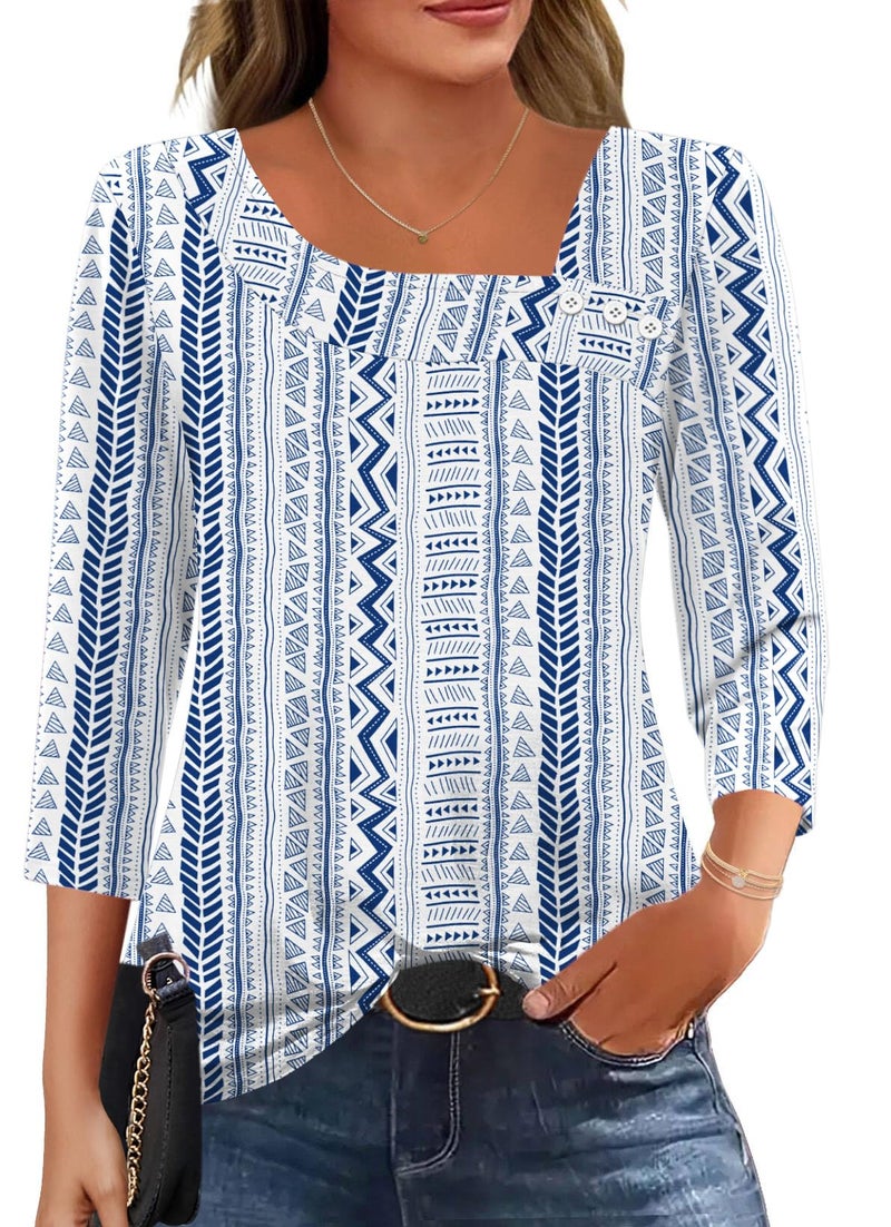 LOMON Spring Tops for Women 3/4 Mid Length Sleeve T Shirts Asymmetrical Square Neck Blouses for Women Casual L - Image 1
