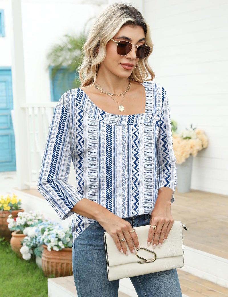 LOMON Spring Tops for Women 3/4 Mid Length Sleeve T Shirts Asymmetrical Square Neck Blouses for Women Casual L - Image 4