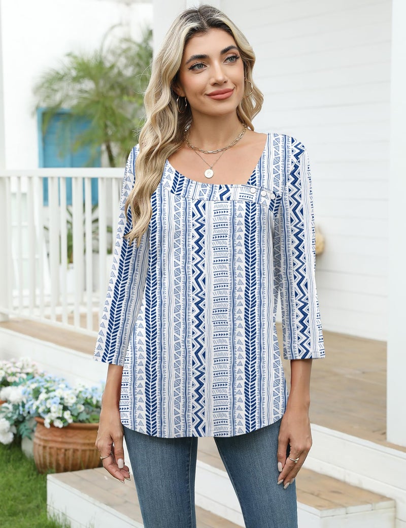LOMON Spring Tops for Women 3/4 Mid Length Sleeve T Shirts Asymmetrical Square Neck Blouses for Women Casual L - Image 2