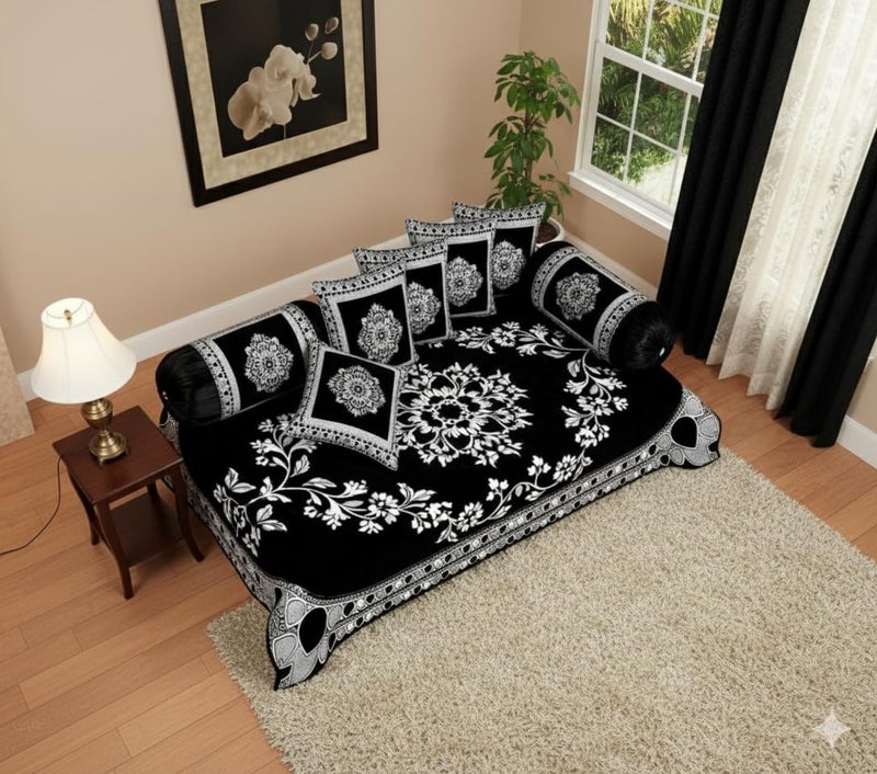 FRESH FROM LOOM Velvet Floral 500 TC Diwan Set Black - 1 Single Bedsheet with 2 Bolster Covers and 5 Cushion Covers (8pc Set) - Image 4