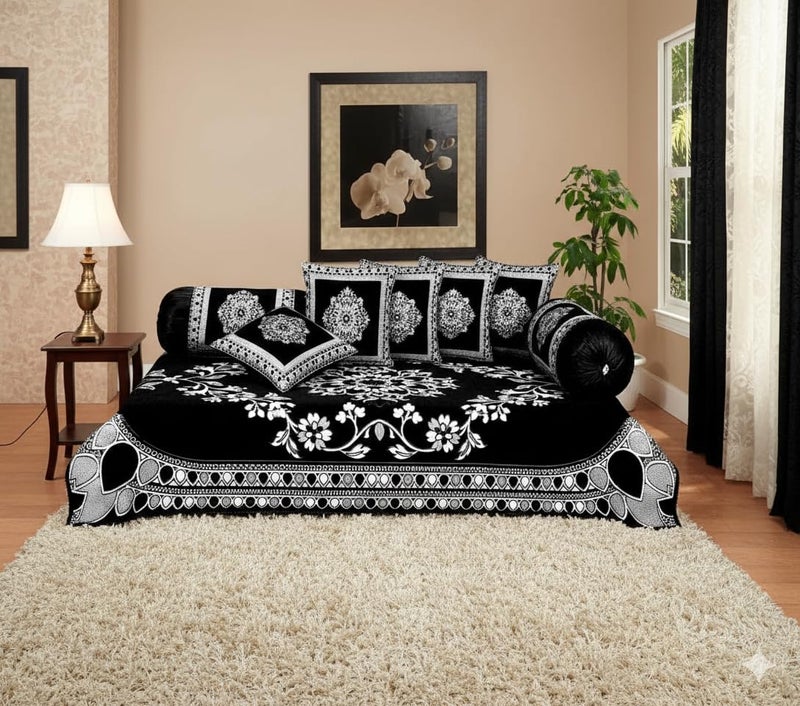 FRESH FROM LOOM Velvet Floral 500 TC Diwan Set Black - 1 Single Bedsheet with 2 Bolster Covers and 5 Cushion Covers (8pc Set) - Image 3