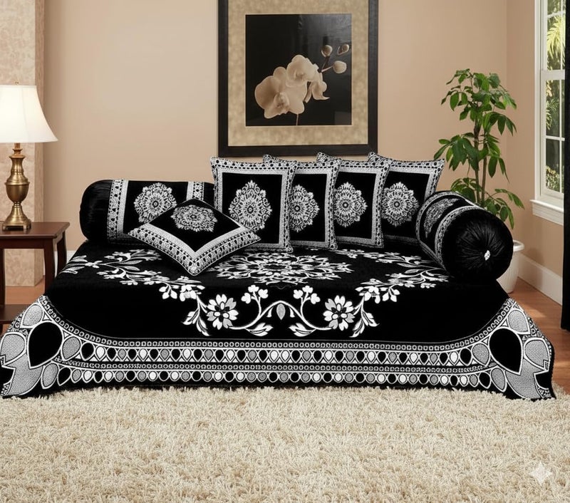 FRESH FROM LOOM Velvet Floral 500 TC Diwan Set Black - 1 Single Bedsheet with 2 Bolster Covers and 5 Cushion Covers (8pc Set) - Image 2
